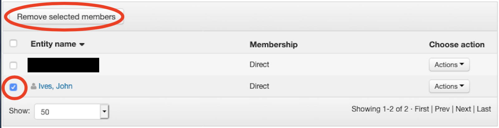 Screenshot shows Remove selected members function