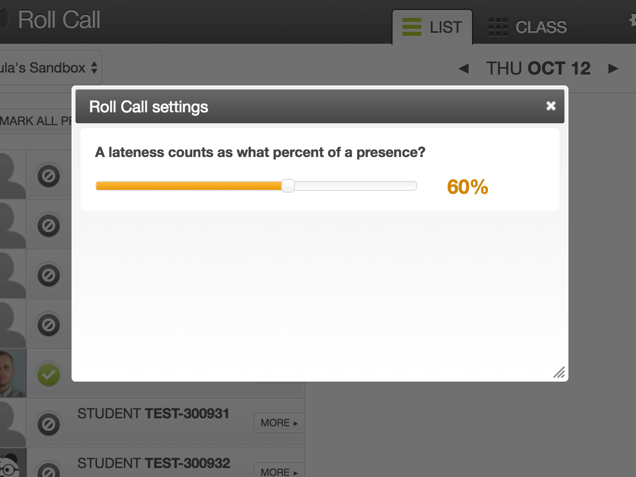 Screenshot of late percentage settings