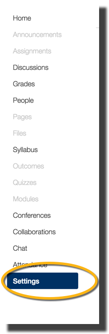 Screenshot of Settings link on Course Navigation menu