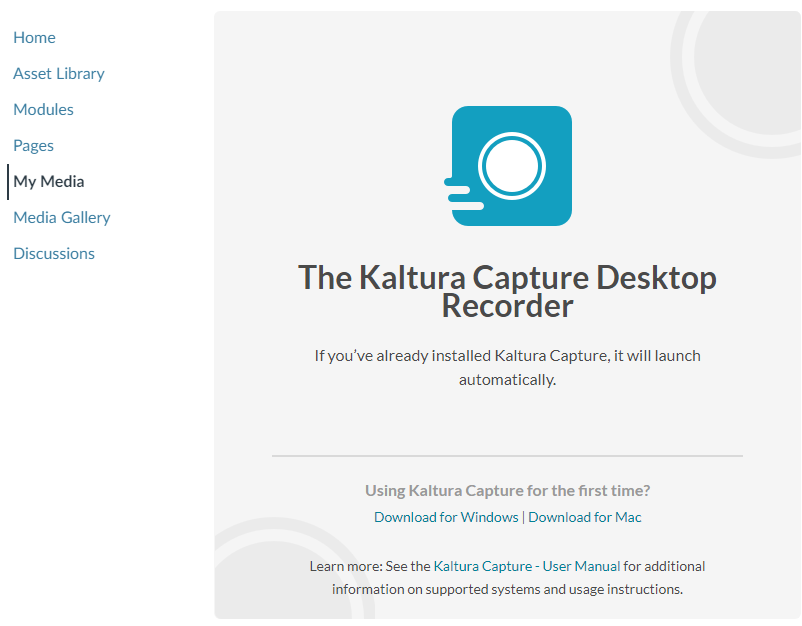 Screenshot of the Kaltura Capture Desktop Recorder download page