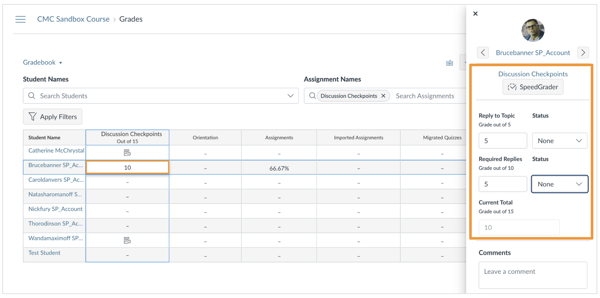 Screenshot of grading a Discussions Checkpoints assignment in the bCourses Gradebook. A student&rsquo;s total grade of 10 points is shown in the gradebook, with a panel on the right showing the details of the student&rsquo;s grade, including their initial response showing a grade of 5 out of 5 and their response post showing a grade of 5 out of 10 for a current total of 10 points out of 15. 