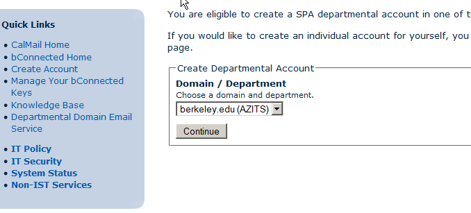 A 'Create Departmental Account' form showing a 'Domain / Department' dropdown menu with 'berkeley.edu (AZITS)' selected and a 'Continue' button below, with a Quick Links sidebar on the left.