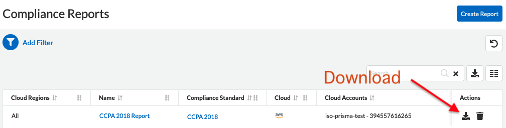 The Compliance Reports window with an arrow pointing to the download button.