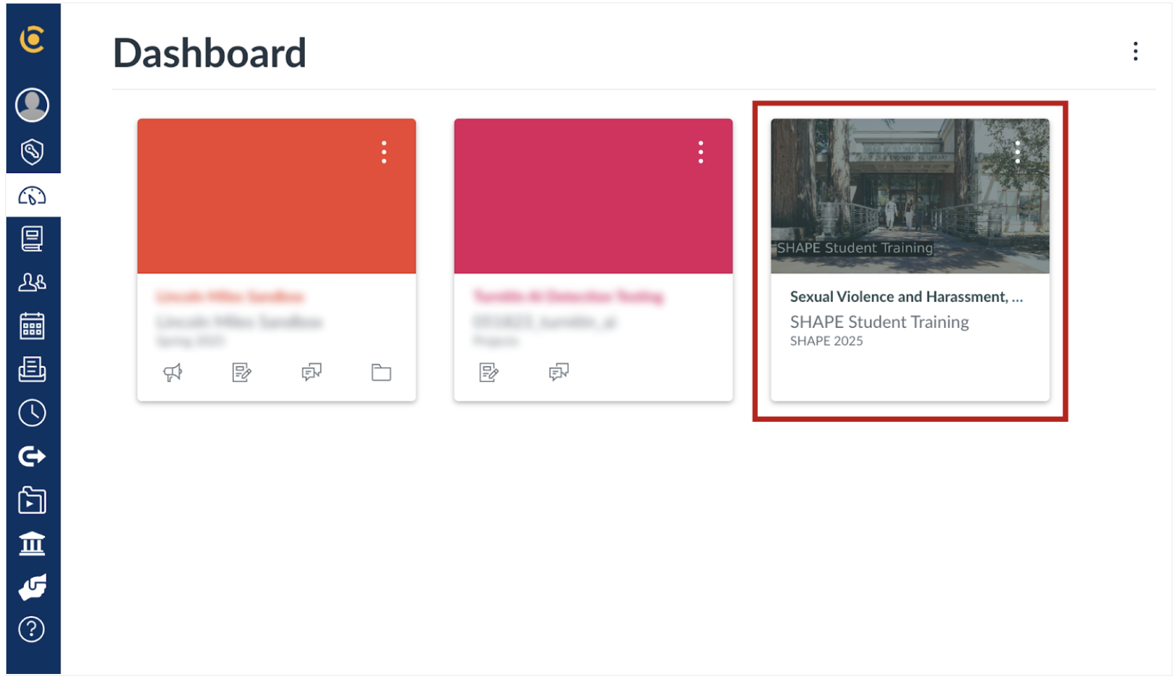 A screenshot of the SHAPE Training course displayed on the bCourses Dashboard. 