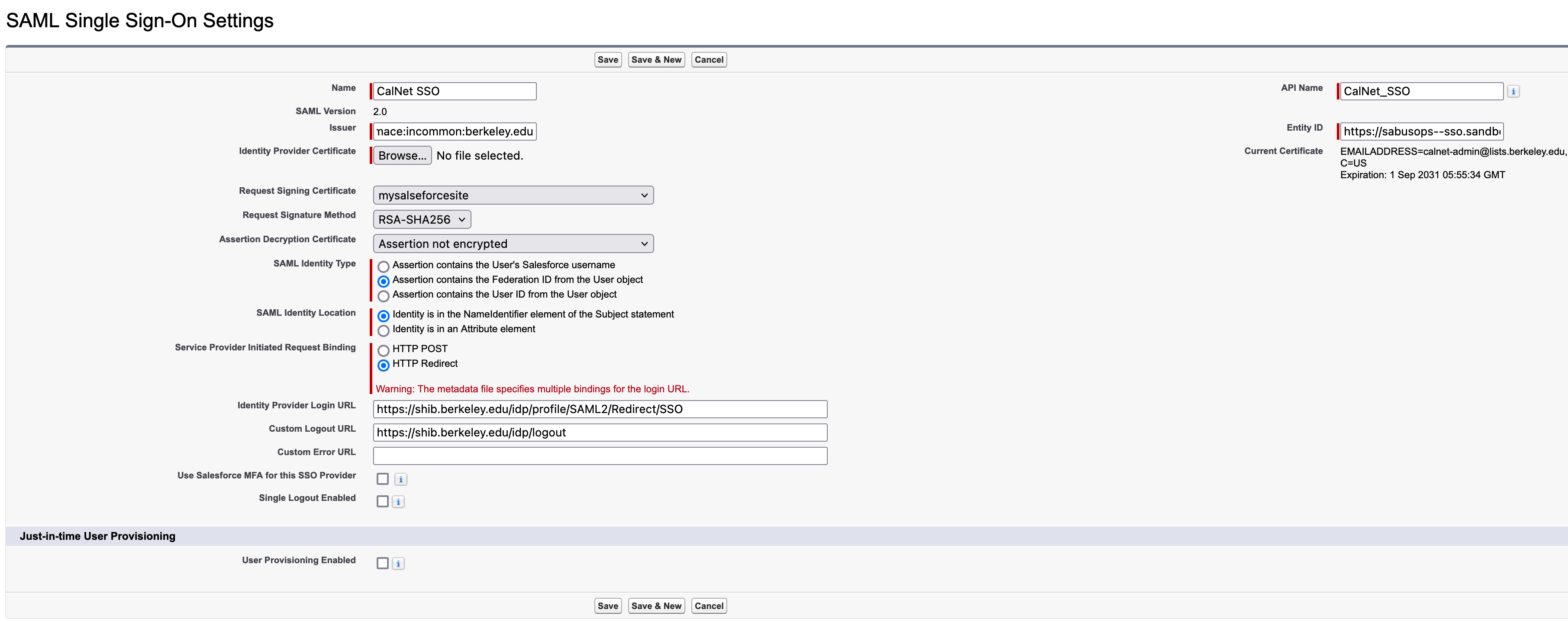 screenshot of the Single Sign-On Setting page with all required fields filled in