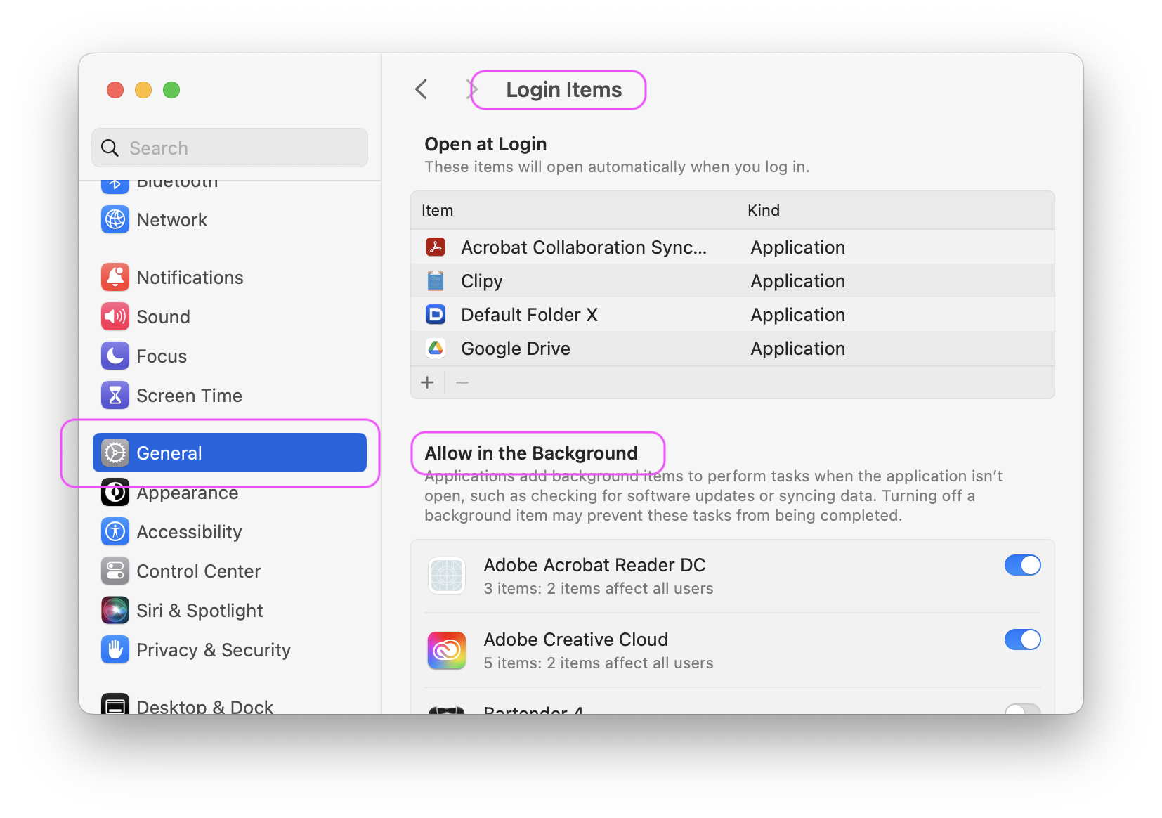 Screenshot of macOS System Preferences window highlighting General, Login Items, and Allow in the Background to navigate to make the required changes
