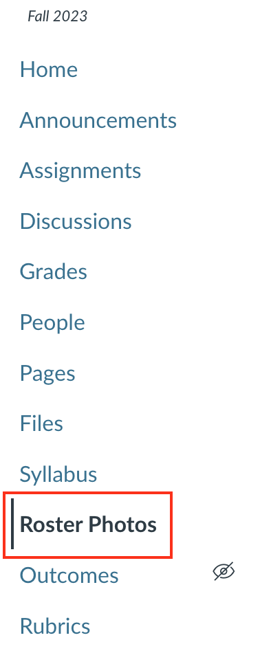 Screenshot of course navigation menu with Roster Photos highlighted