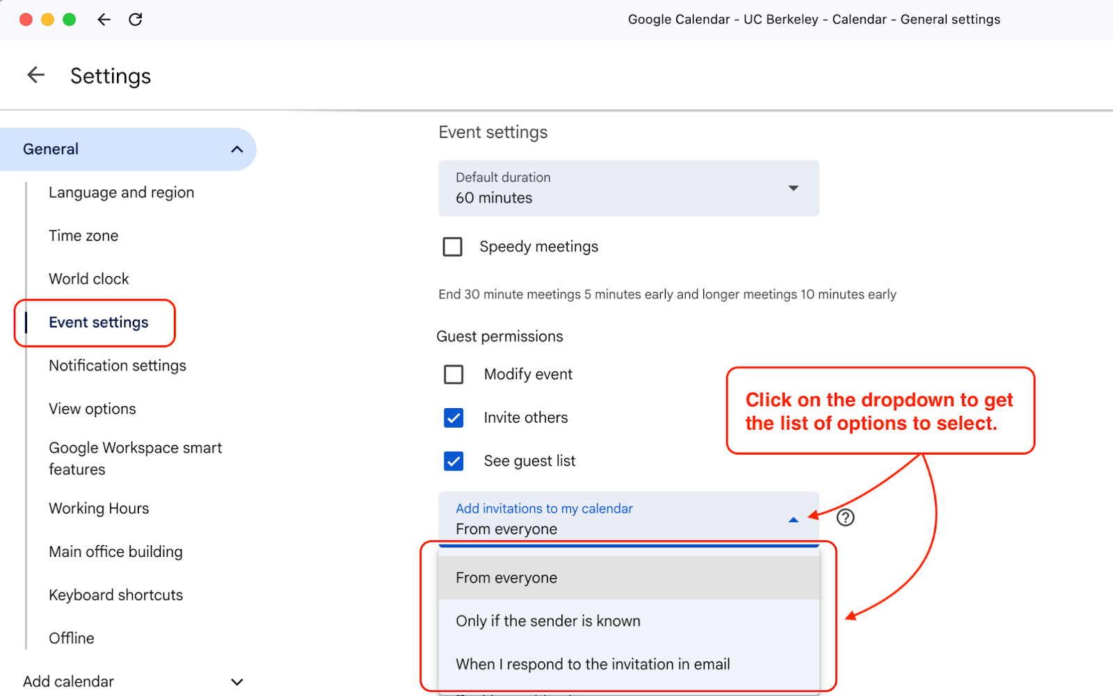 Image: How to access Event settings and modify Add invitations to my calendar