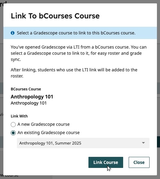 A screenshot of the "Link to bCourses Course" Gradescope dialogue box