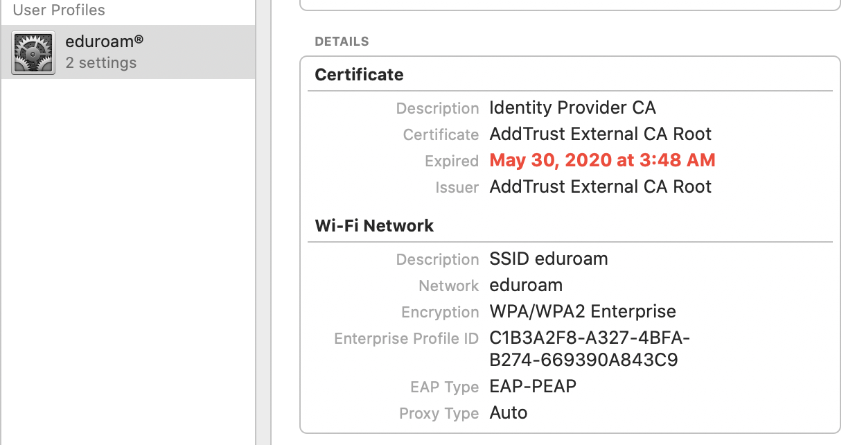 eduroam profile in System Settings Profile option