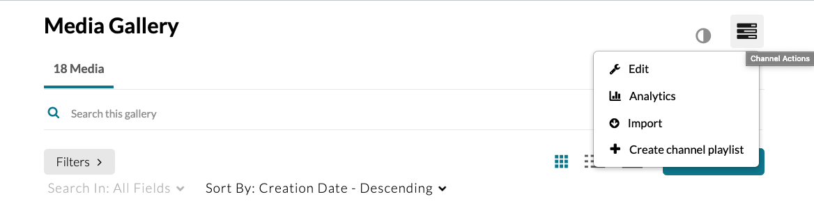 Screenshot of the media Gallery with the Channel Analytics dropdown menu open.