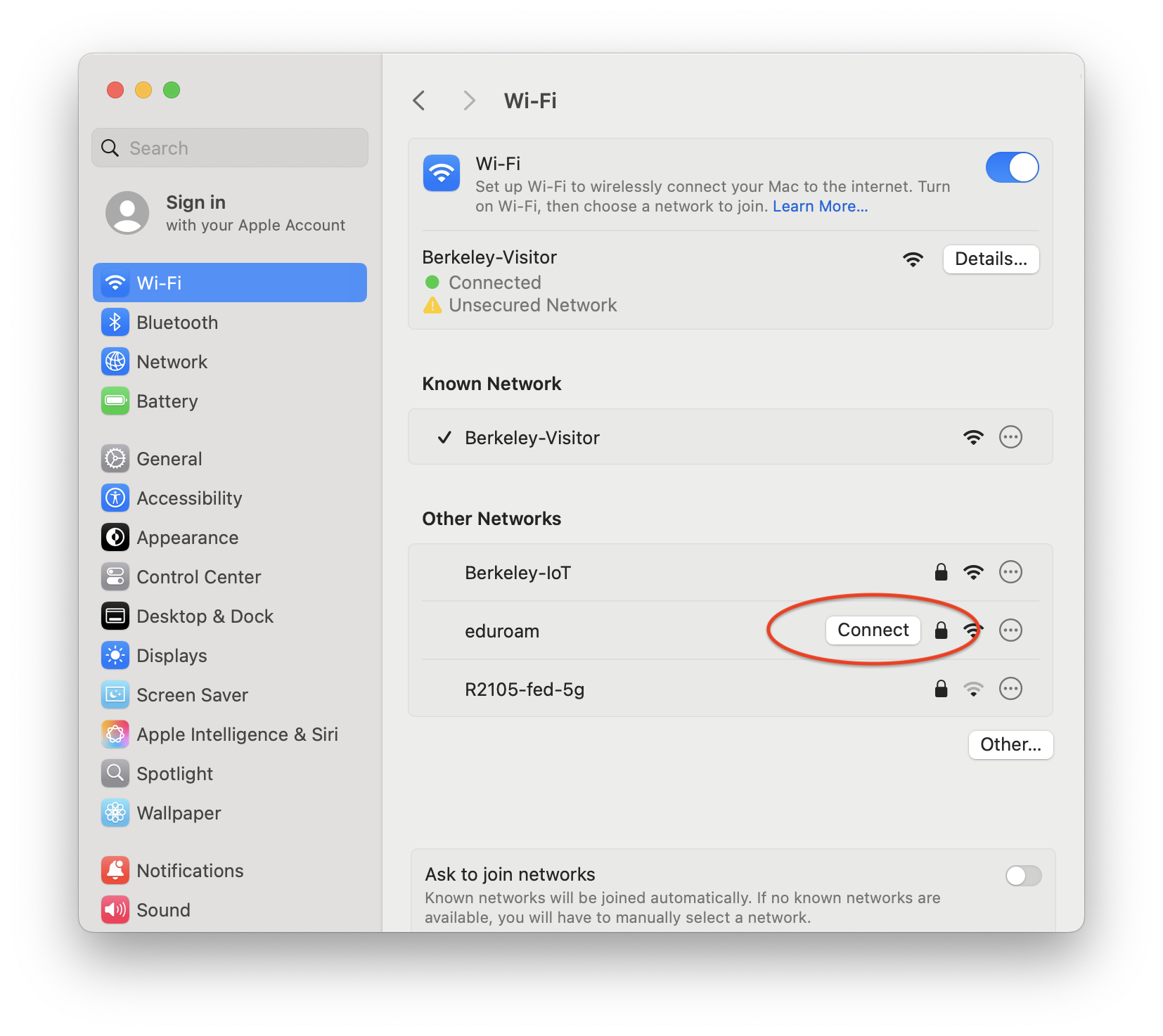 Screenshot of macOS System Preferences window Wi-Fi settings, highlighting connect button for eduroam network