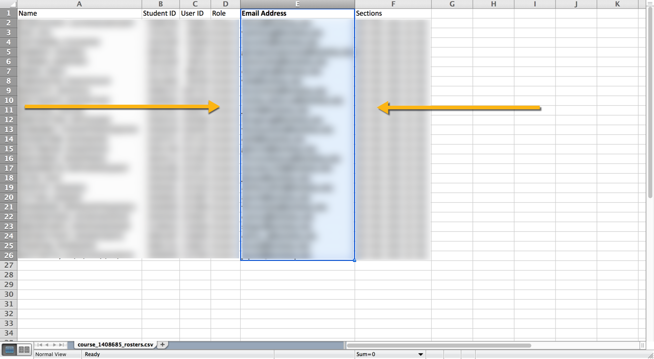 Screenshot of Excel sheet with Email Address column highlighted