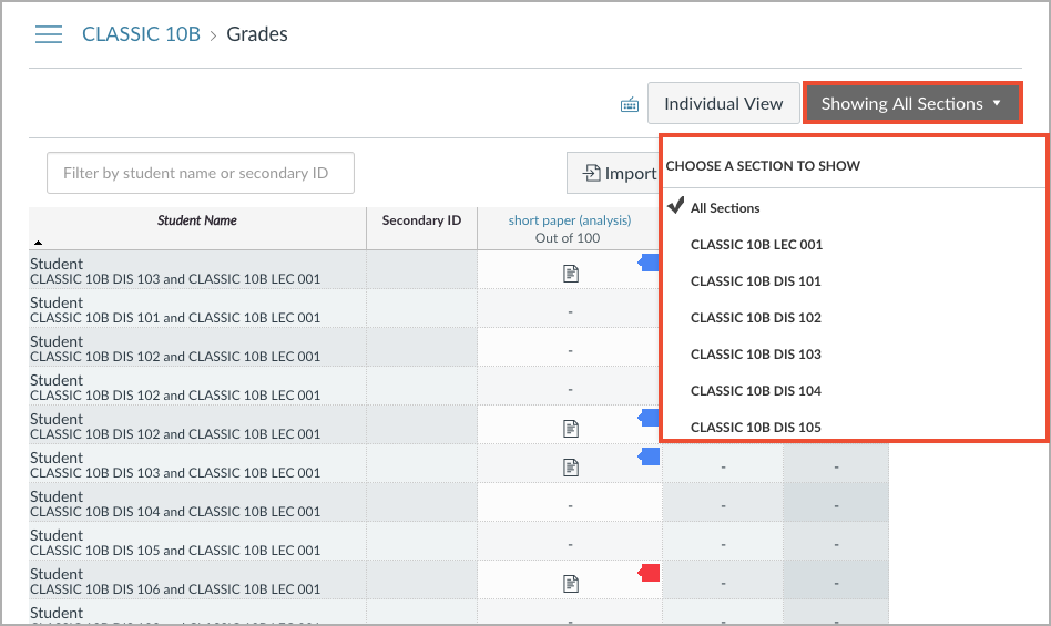 Screenshot of the section filter in the Gradebook