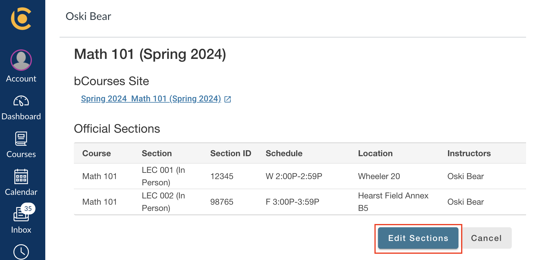 Interface showing the sections currently linked to a course site