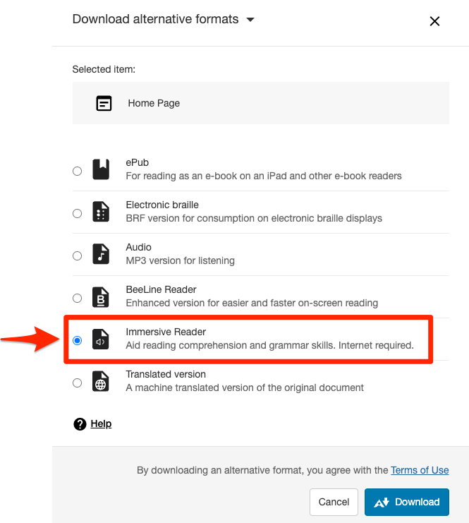 Screenshot of the Ally Alternative Formats window with Immersive Reader selected and highlighted with a red box and arrow pointing toward it.  Below the list is a blue Download button and a gray Cancel button.  