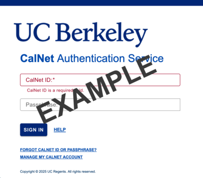 Screenshot of the official UC Berkeley CalNet login page showing the CalNet ID and Passphrase entry fields with the blue Sign In button and the CalNet logo.