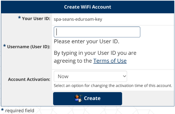 WiFi Keys Create Account Page