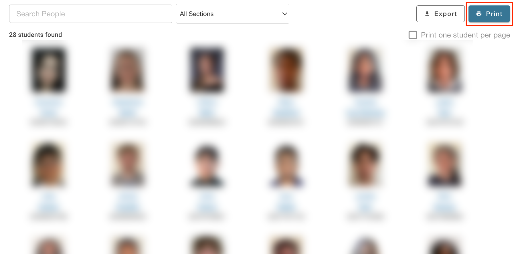 Screenshot of Roster Photos tool with Print button highlighted