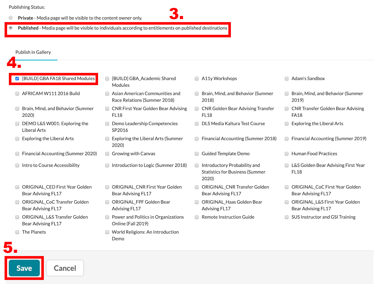 Screen highlighting Published radio button selected, first site checked, Save button highlighted.