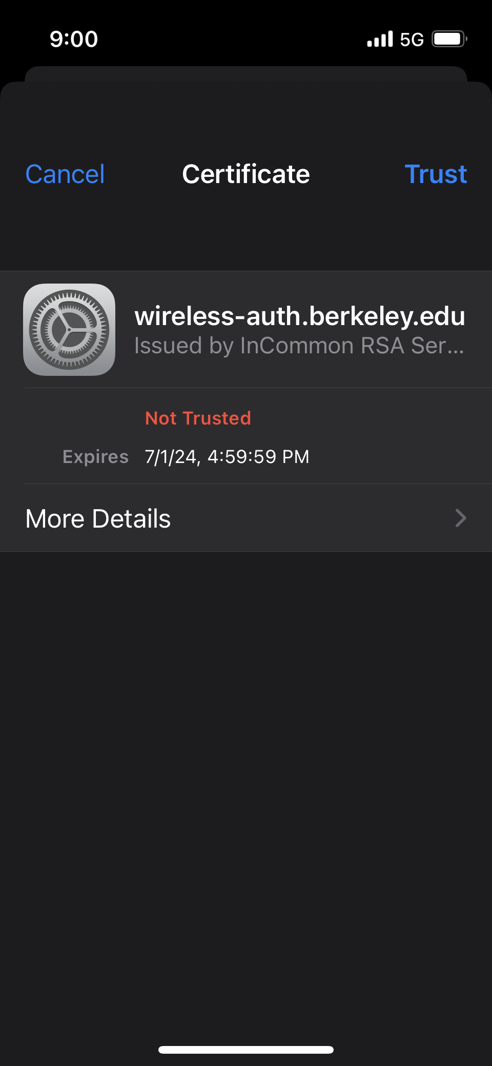 iOS prompt to trust new certificate for eduroam Wi-Fi