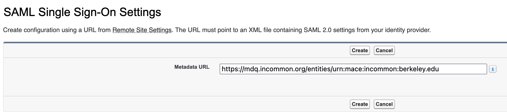 screenshot of the Single Sign-On Settings page with the URL from above typed into the Metadata URL field