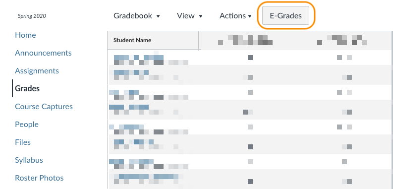 Screenshot of the Gradebook with the E-Grades button highlighted.