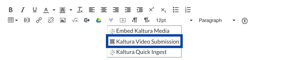 Kaltura Video Submission highlighted in External Tools Button  menu