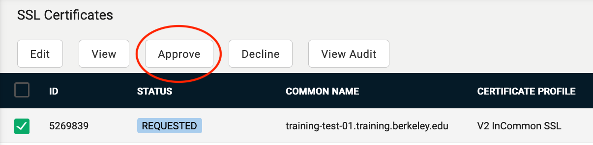 Screenshot of user's list of SSL certificates with Approve tab circled