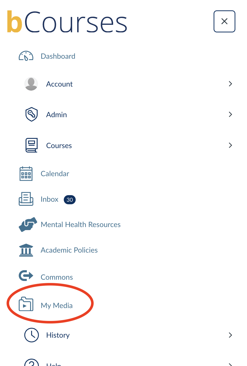 screenshot showing vertical navigation. "My Media" is the tenth item and is circled in red