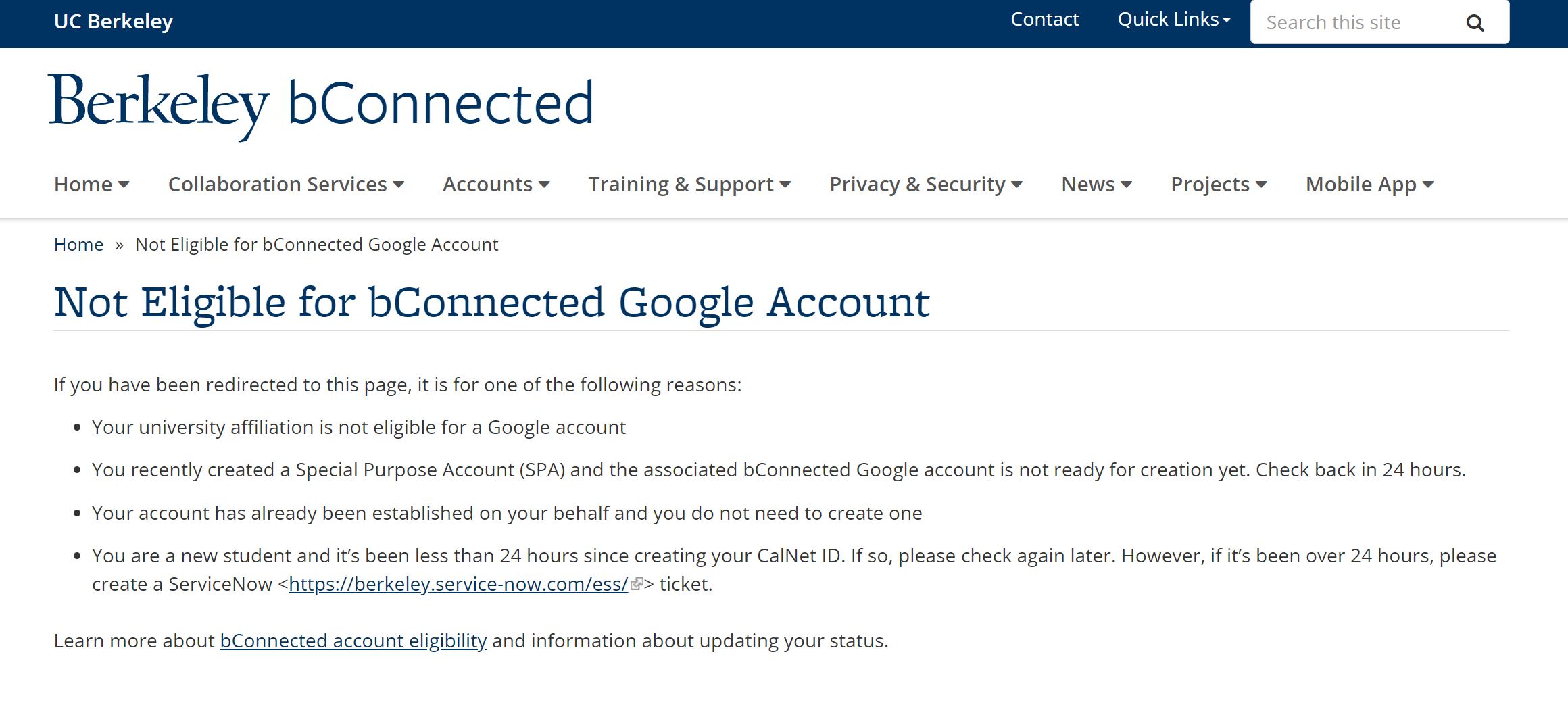 Error message stating Not Eligible for bConnected Google Account