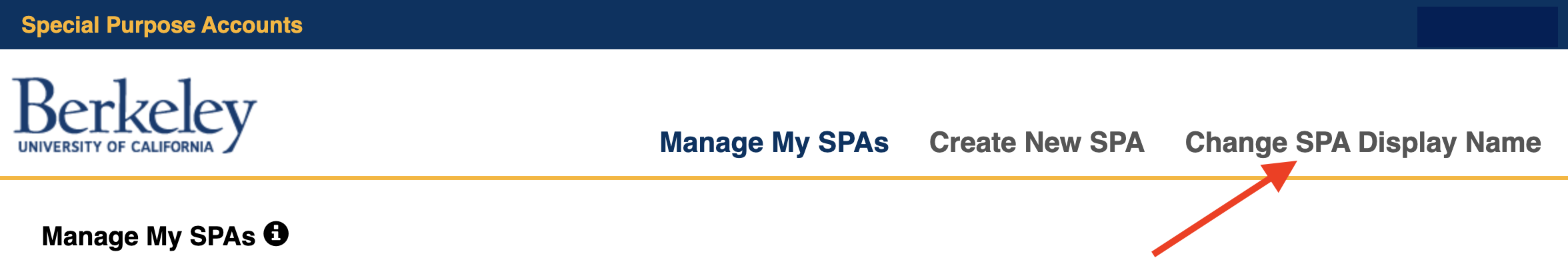 Screenshot shows "Change SPA Display Name" button in the upper right-hand corner