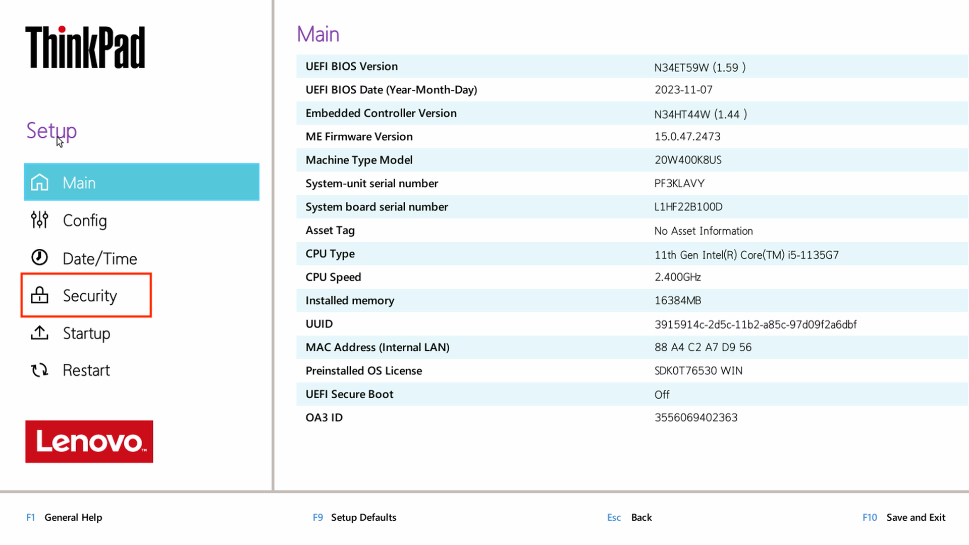 BIOS setup menu. Click security