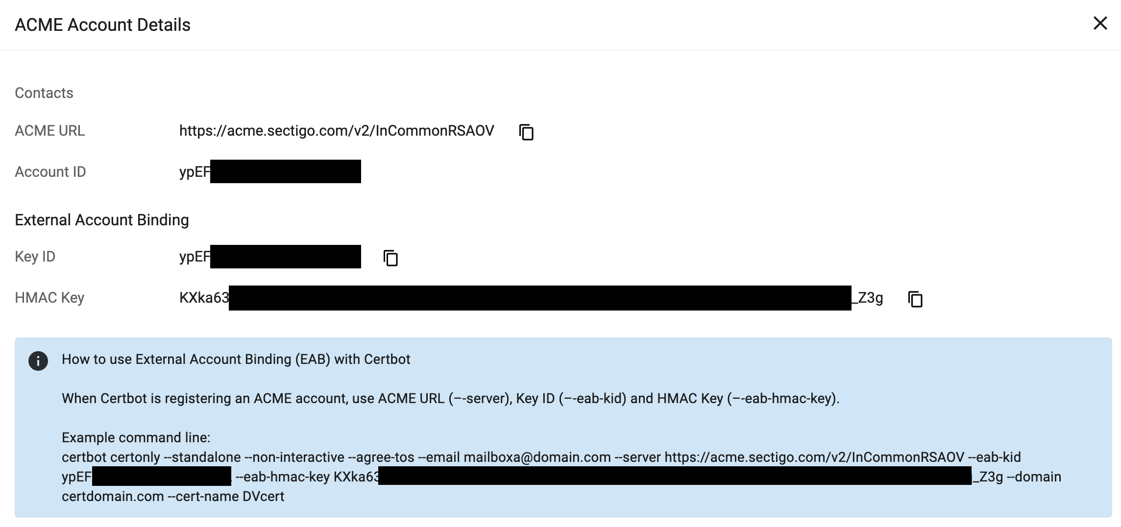 ACME Account Details screen with secret information redacted