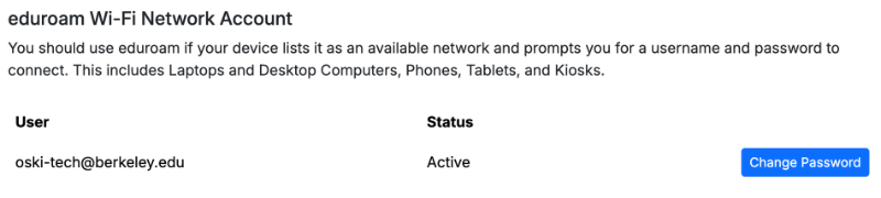eduroam Wi-Fi account list showing active