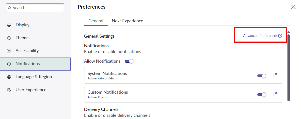 Advanced preferences indicated