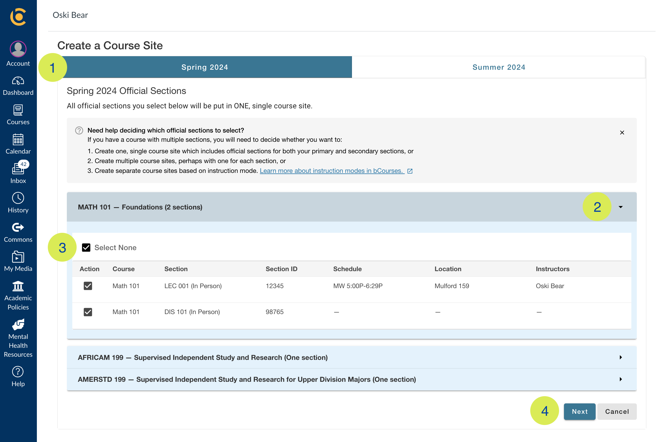 Screenshot of Manage Sites page with Term, Sections, and Next button highlighted