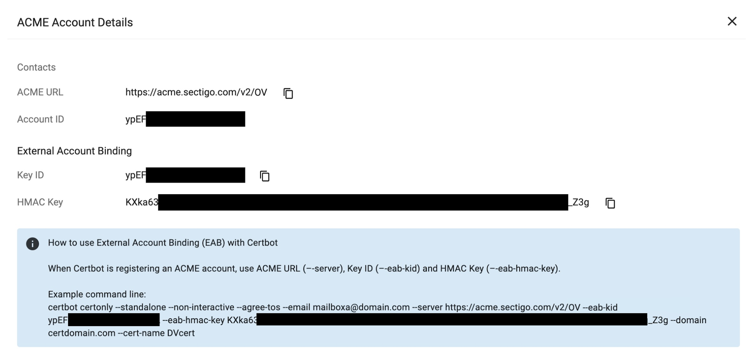 ACME Account Details screen with secret information redacted