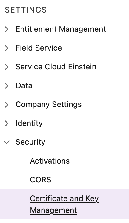 Screenshot displaying the Settings menu, with Certificate and Key Management selected under Security
