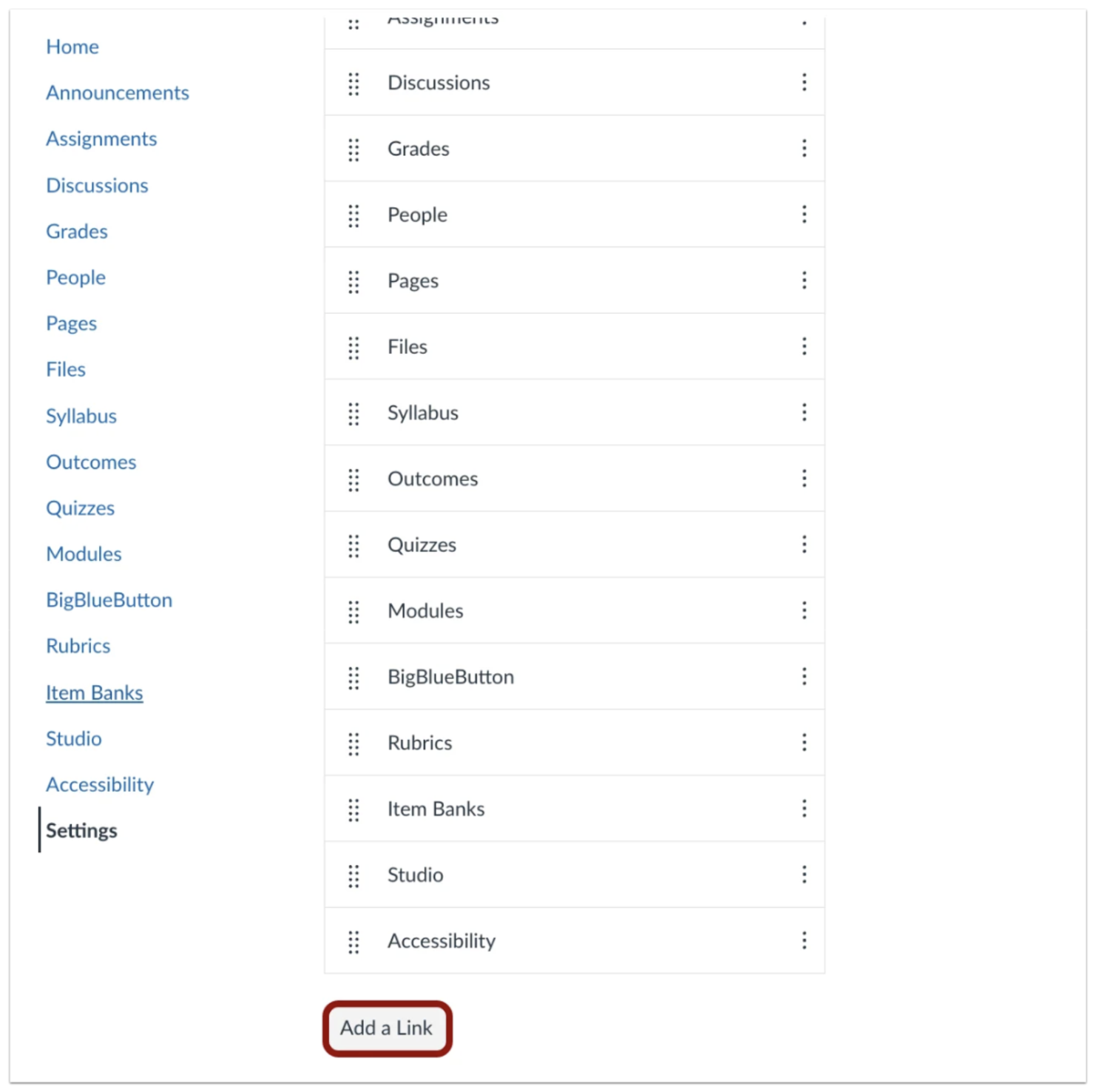 Canvas course settings navigation page showing custom link reordering options and a highlighted "Add a Link" button at the bottom.