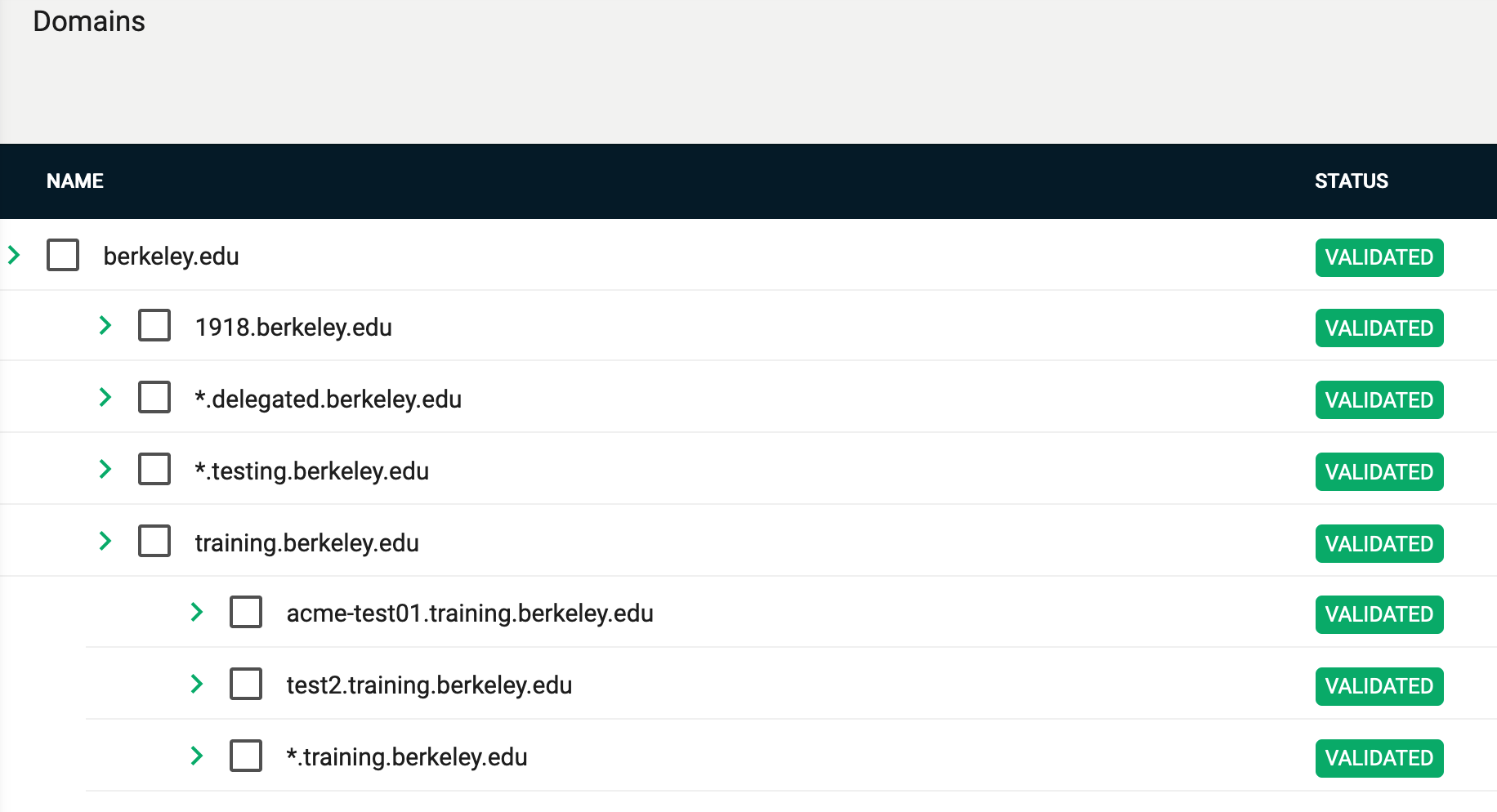 ACME Certificate Issuer with Checkboxes of certificates listed