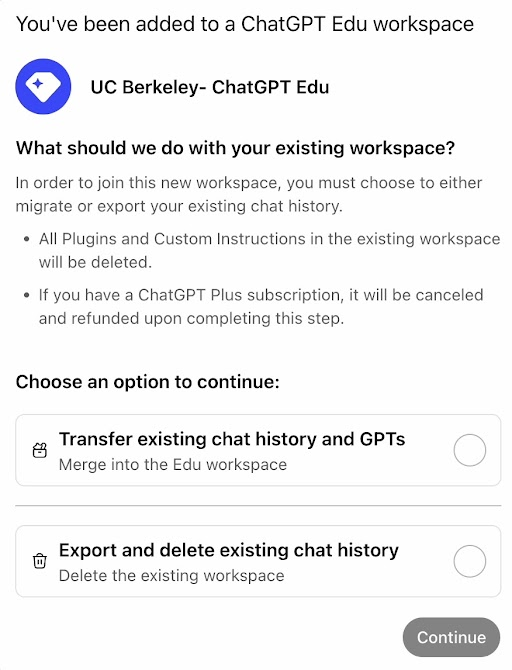 ChatGPT Edu dialog box with options for transferring an existing account or exporting and deleting