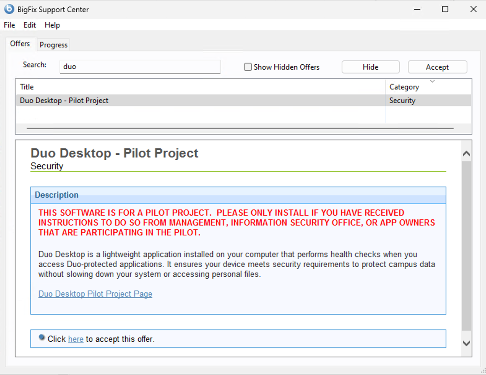 Duo Desktop searched up in BigFix Application with Duo Desktop Pilot Project result displaying 