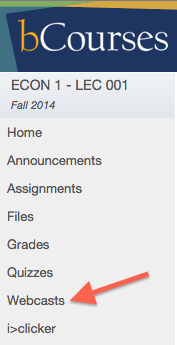 Screenshot of the bCourses site navigation with the Webcasts tab highlighted.