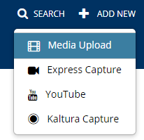 Screenshot of the +Add New dropdown menu in MediaSpace with the Media Upload option highlighted.