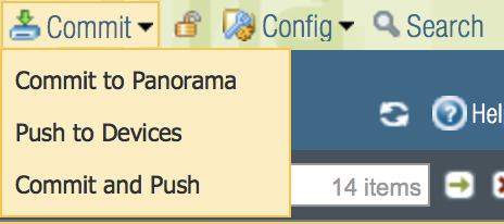 Panorama Commit menu dropdown with options for Commit to Panorama and Push to Device.