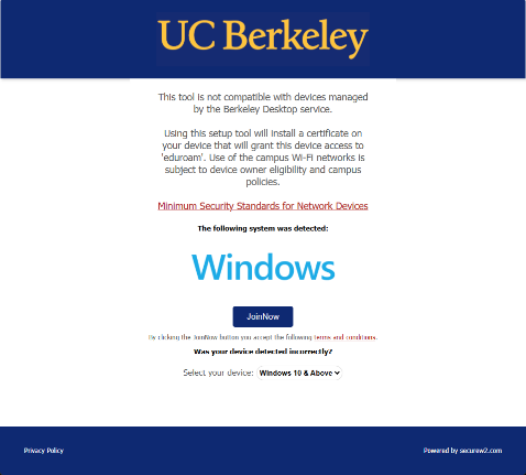 UC Berkeley SecureW2 JoinNow App Download Page
