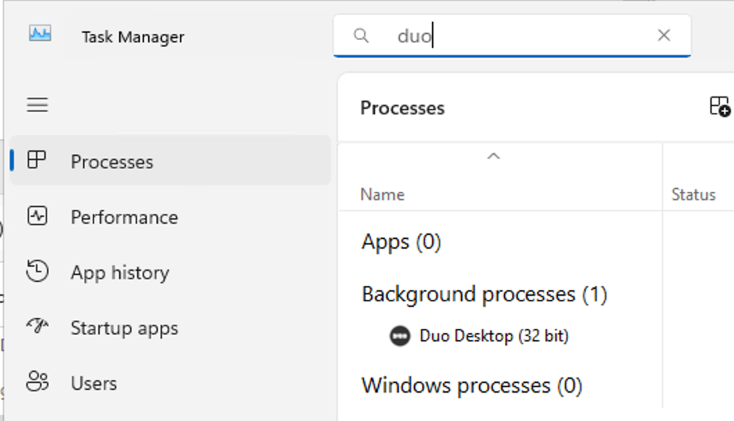 Duo searched up in the task manager within processes section with Duo popping up in the background processes section