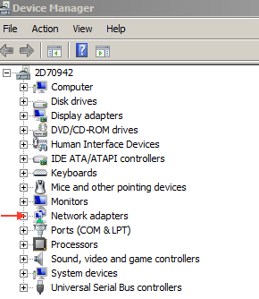 Device manager window, arrow pointing to Network Adapters