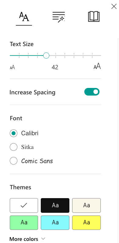 Screenshot of Immersive Reader Text Controls.  Description follows in figcaption.